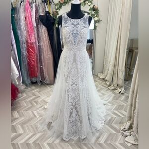 High Neck Plunge Beaded Sheath Lace Wedding Dress Attached Tulle Overskirk